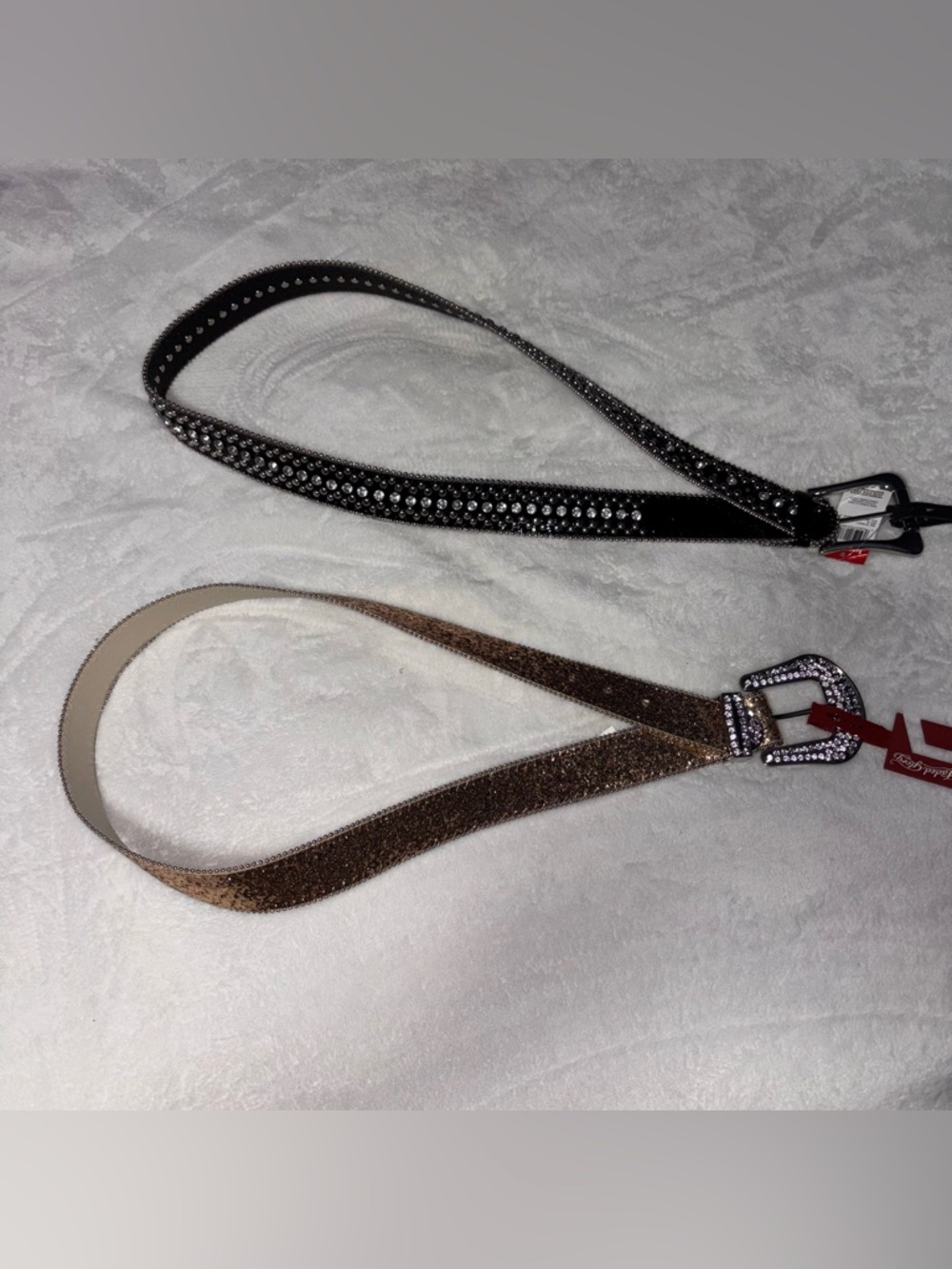 NWT Pair of Rhinestone Studded Black and Gold Fashion Belts Women’s Size Large